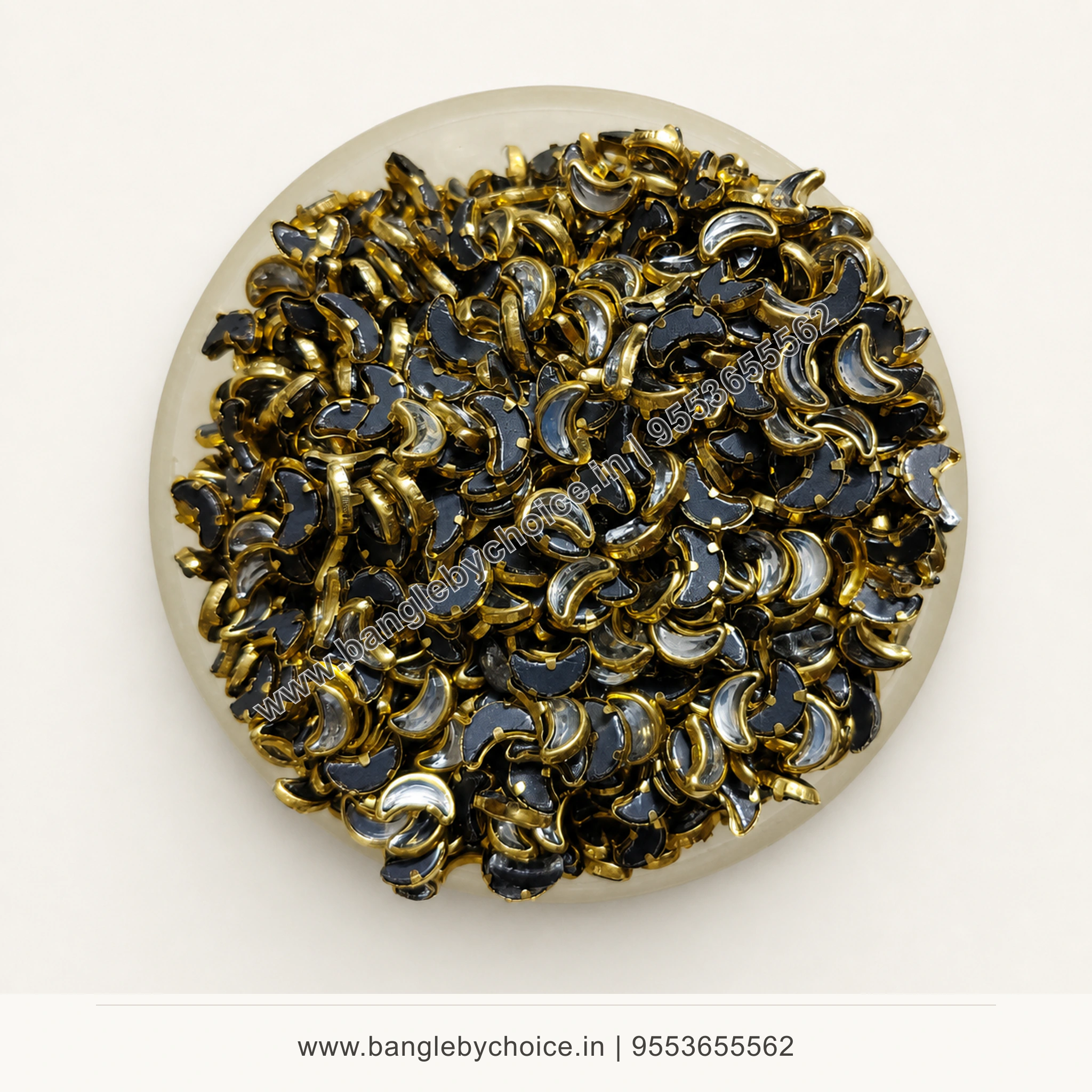 Half Moon Glossy White Kundans premium top-view product image with antique-gold setting