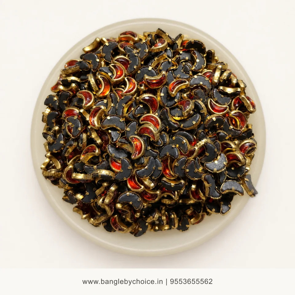 Half Moon Orange Glass Kundans premium top-view product image with antique-gold setting