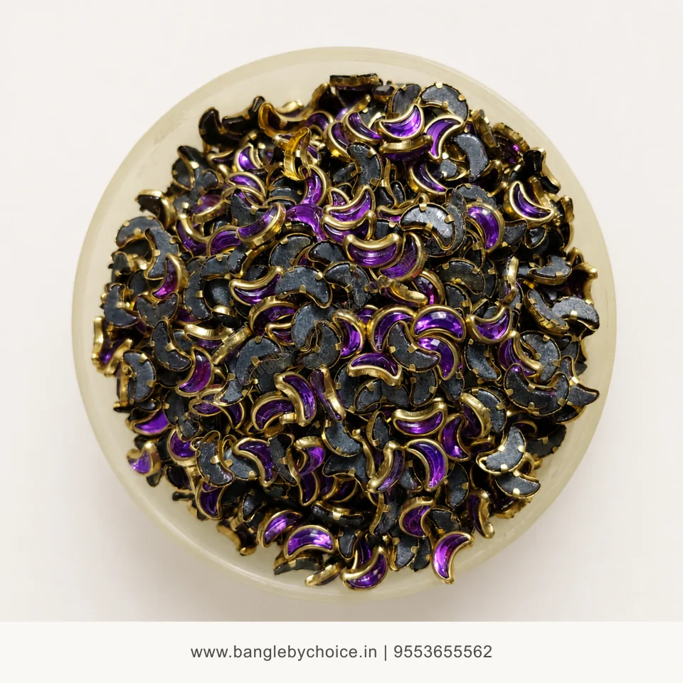Half Moon Purple Glass Kundans premium top-view product image with antique-gold setting
