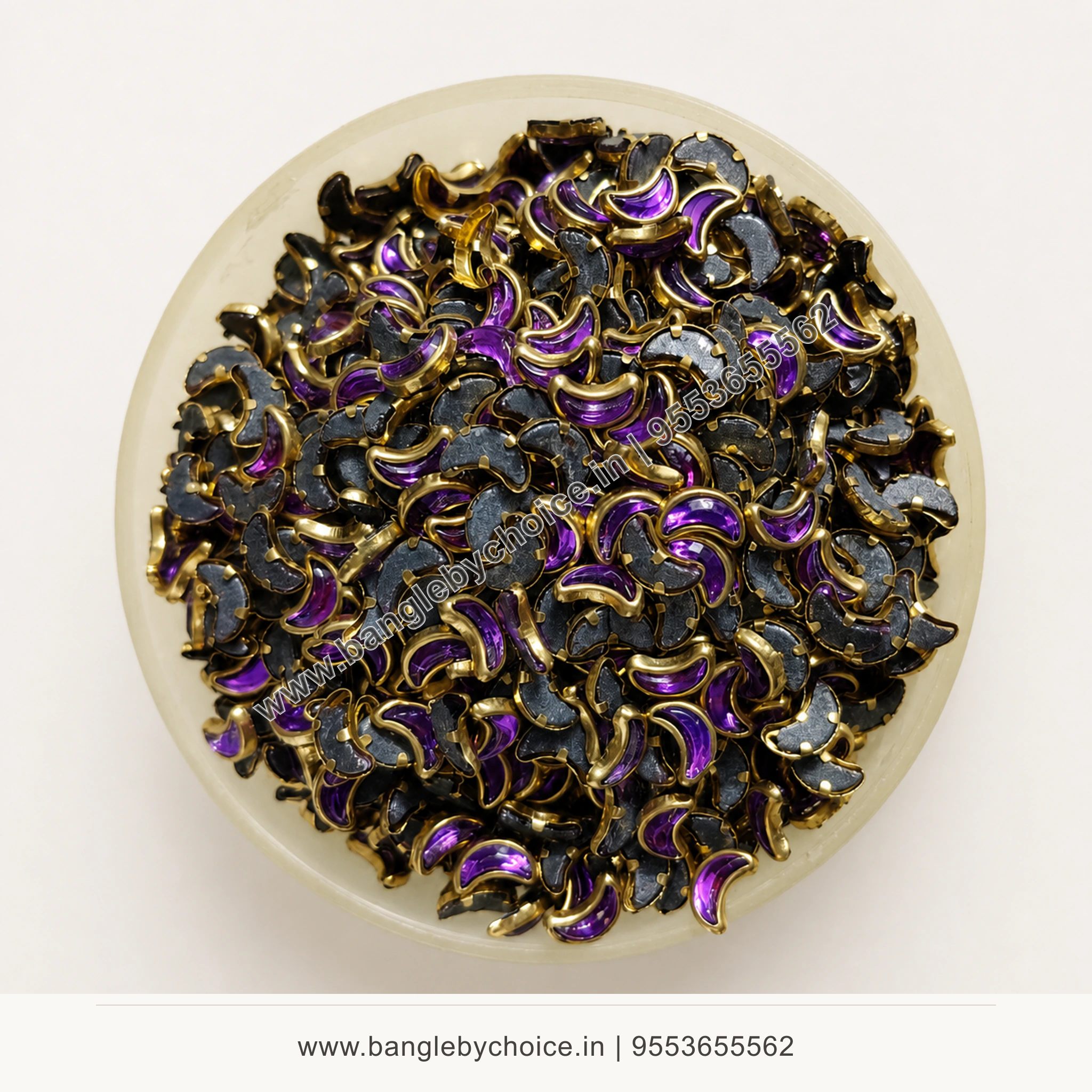 Half Moon Purple Glass Kundans premium top-view product image with antique-gold setting
