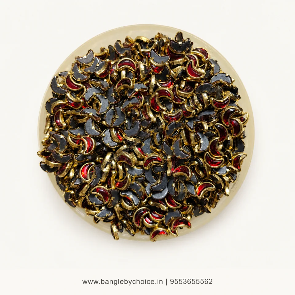 Half Moon Red Glass Kundans premium top-view product image with antique-gold setting