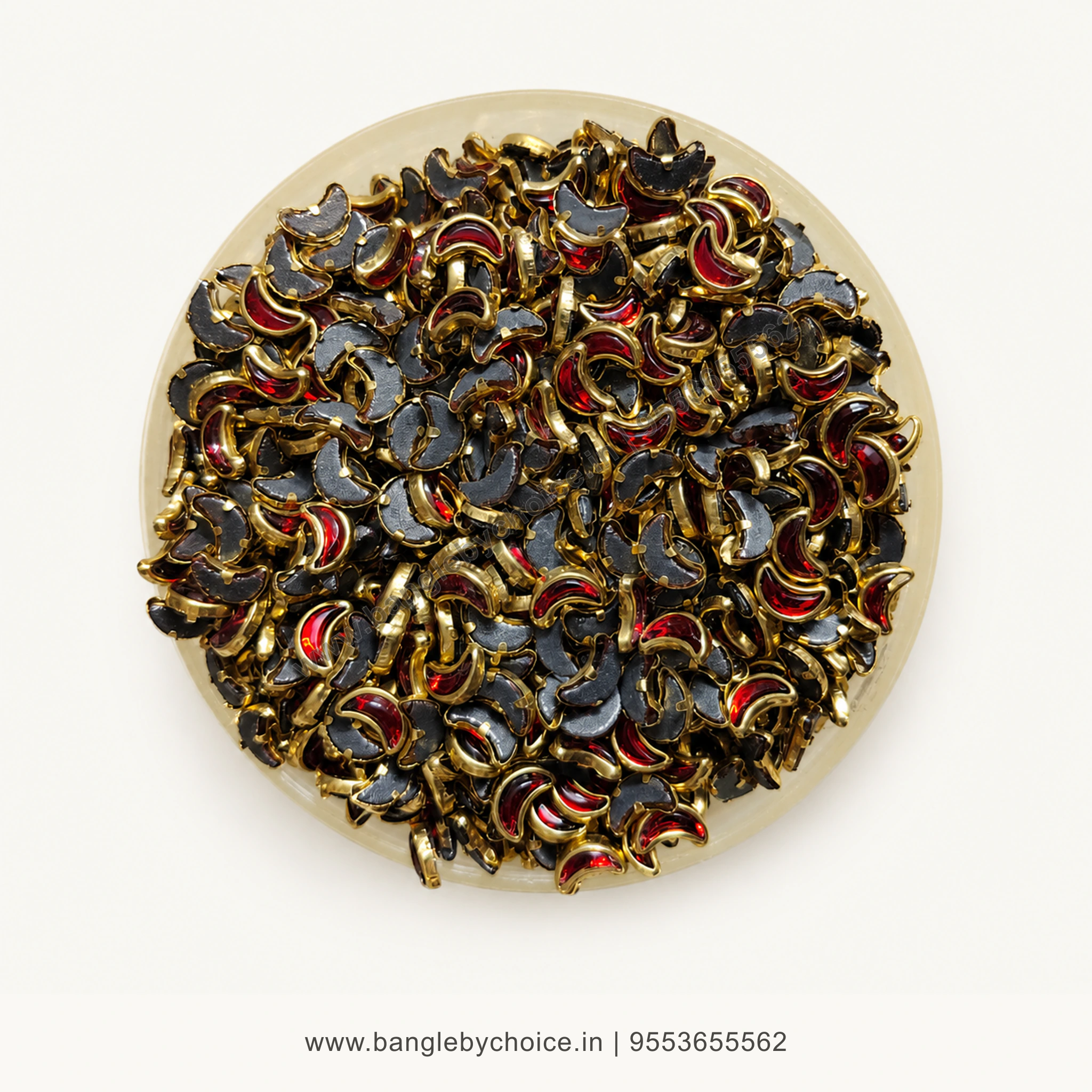 Half Moon Red Glass Kundans premium top-view product image with antique-gold setting