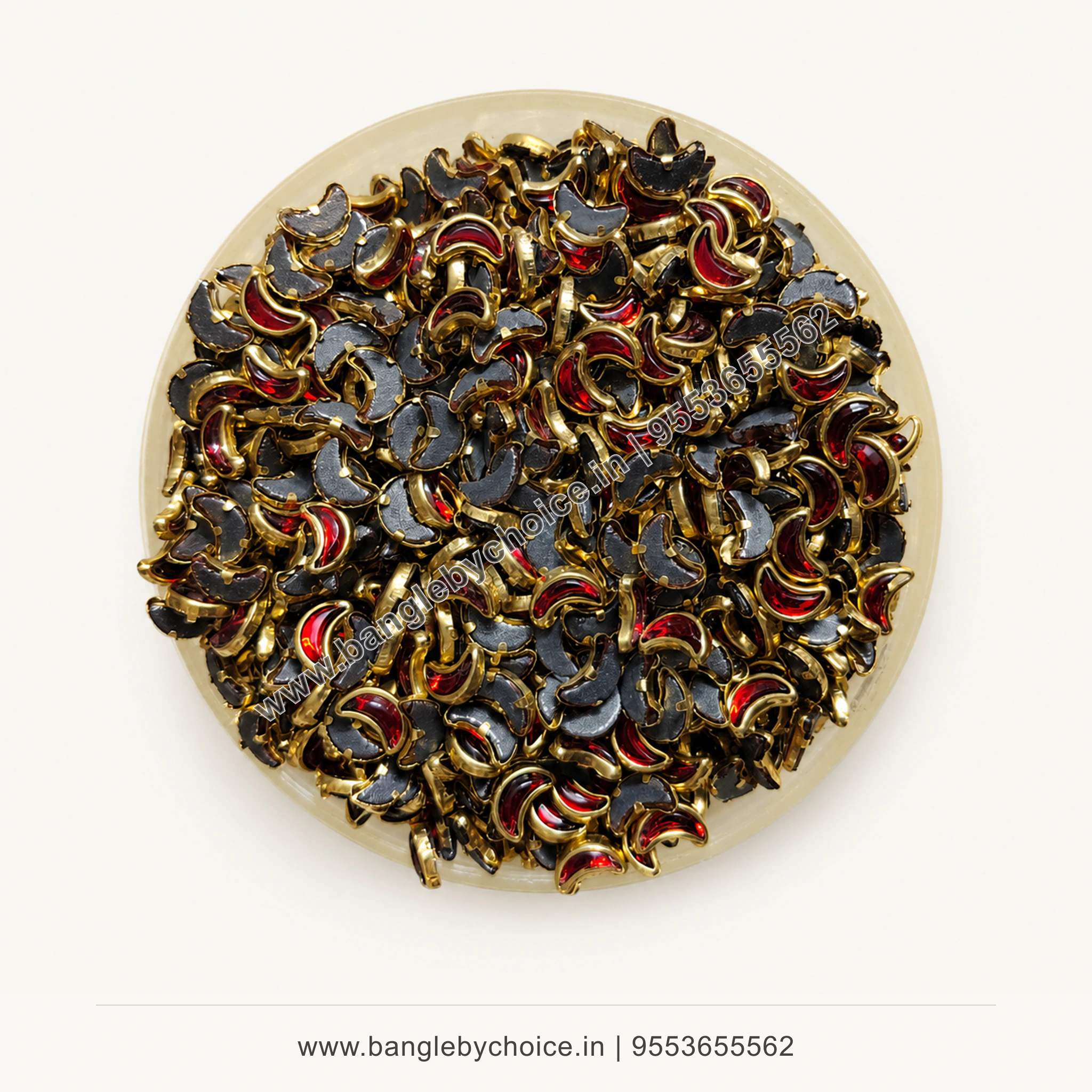 Half Moon Red Glass Kundans premium top-view product image with antique-gold setting