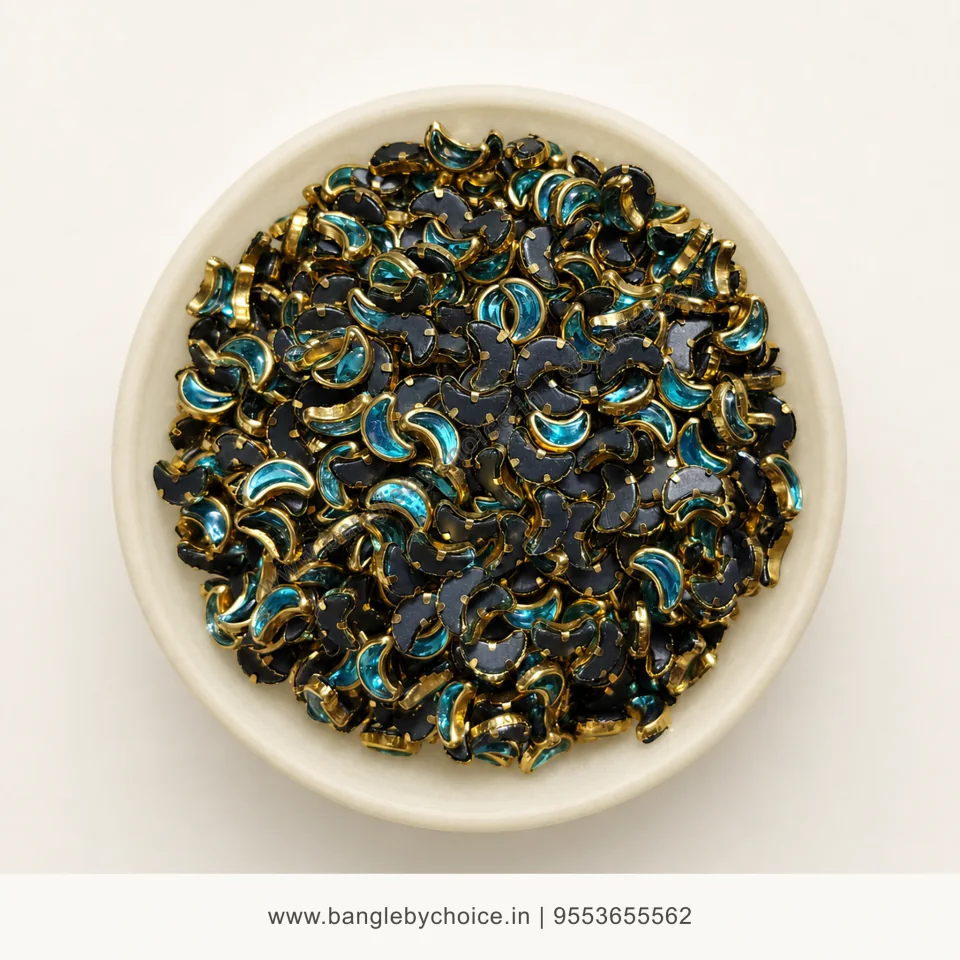 Half Moon Sky Blue Glass Kundans premium top-view product image with antique-gold setting