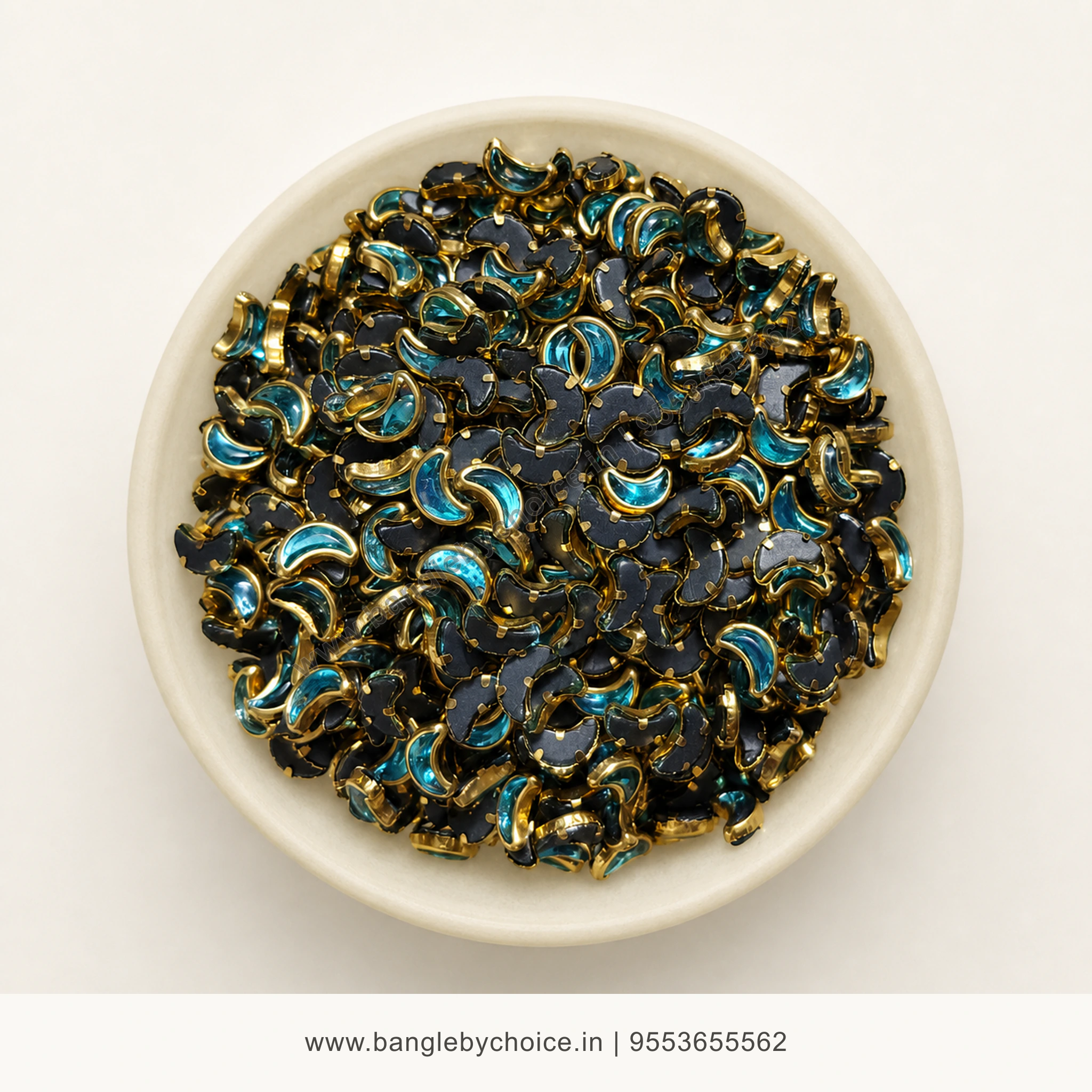 Half Moon Sky Blue Glass Kundans premium top-view product image with antique-gold setting