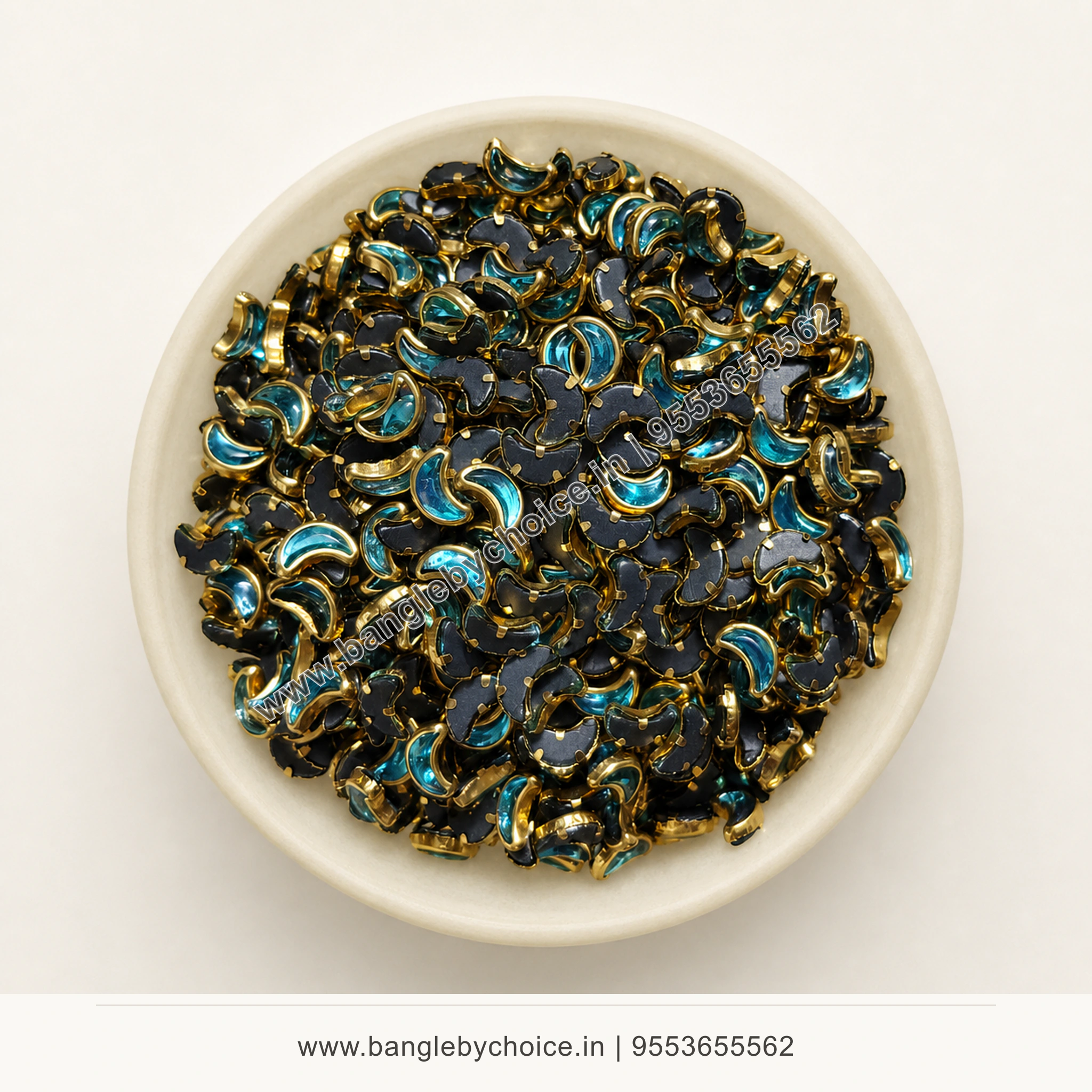 Half Moon Sky Blue Glass Kundans premium top-view product image with antique-gold setting