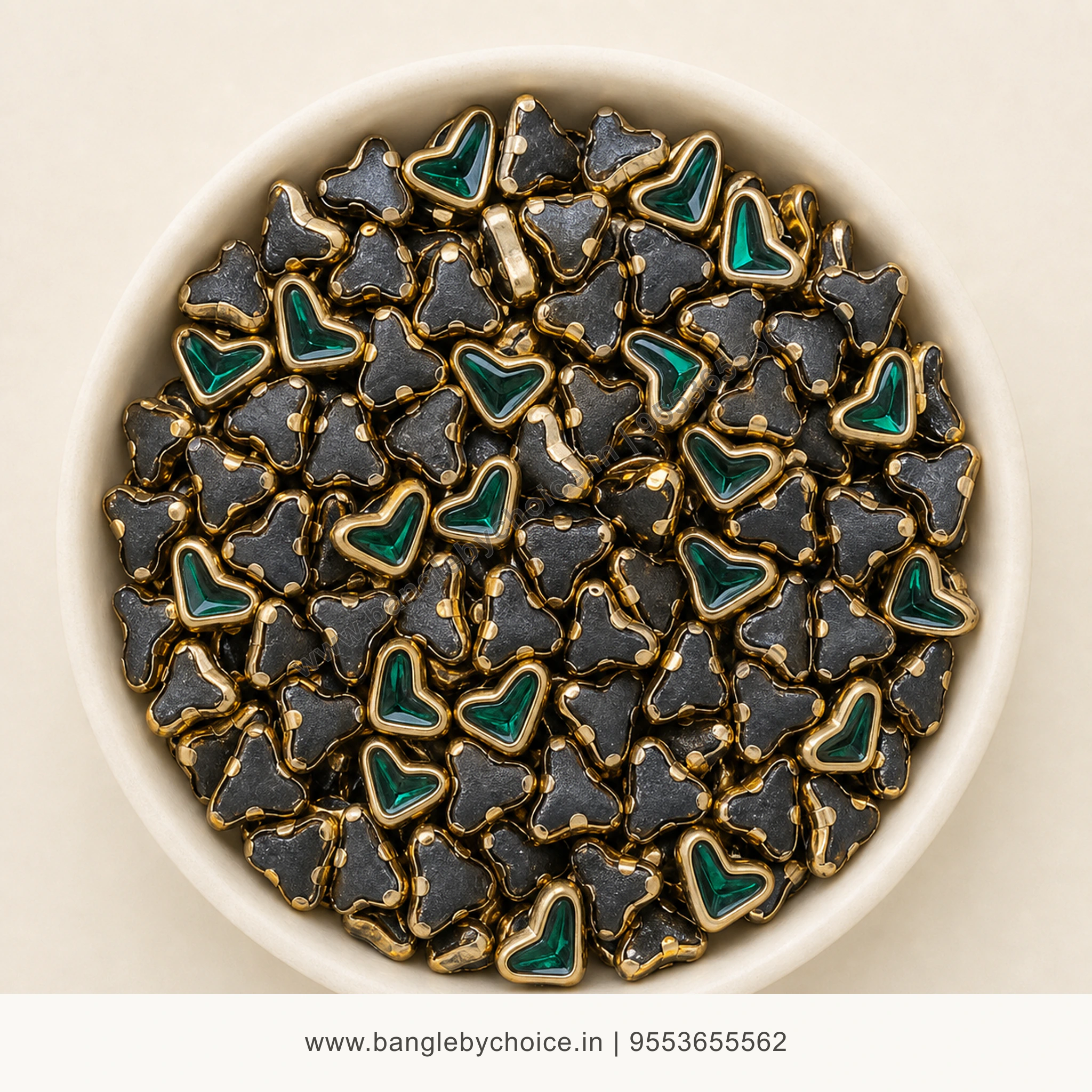V Shape Dark Green Glossy Kundans premium top-view product image with antique-gold setting