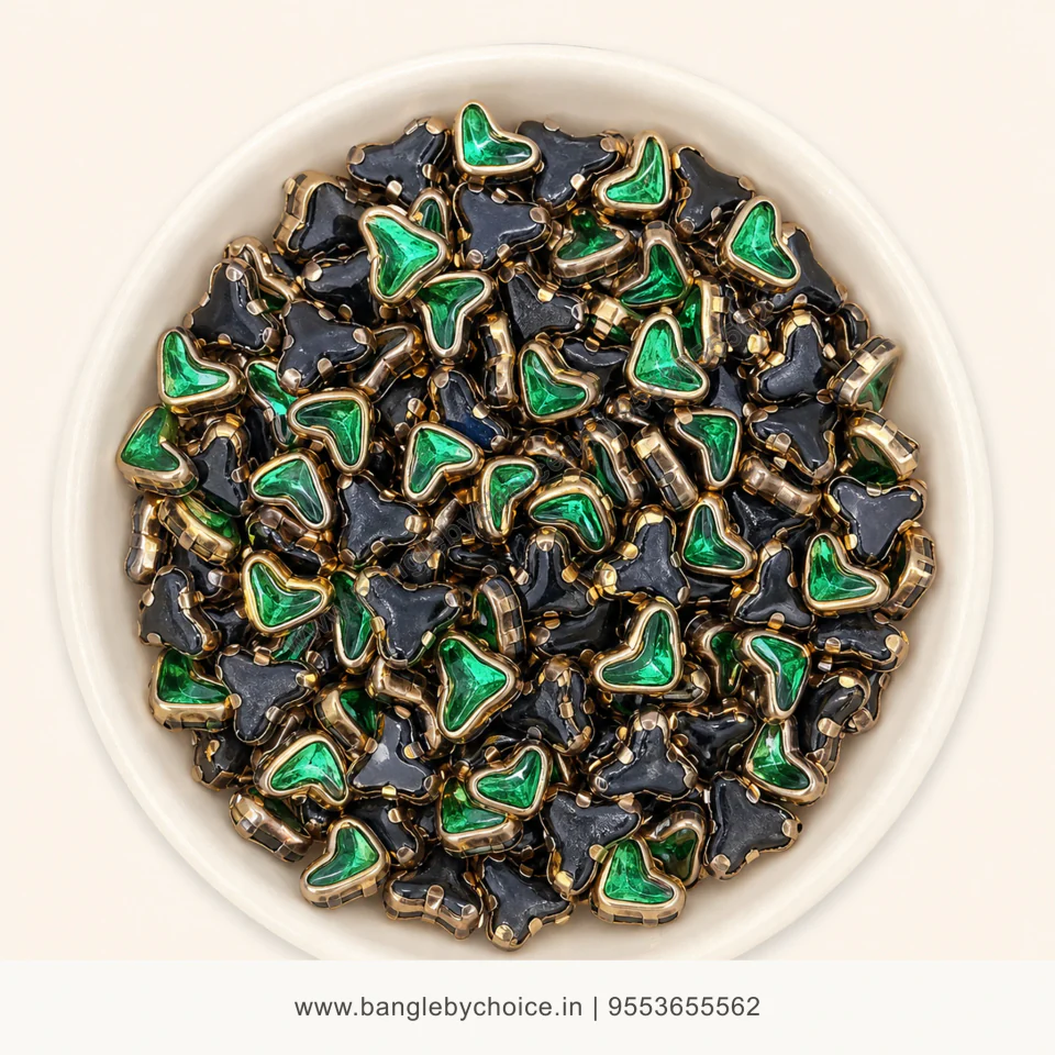 V Shape Light Green Glossy Kundans premium top-view product image with antique-gold setting