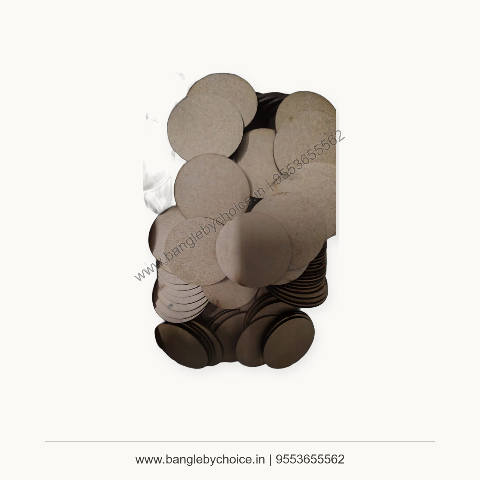 Assorted MDF Round Disc Bases for Jewellery Making premium product photo with Bangle By Choice watermark and phone number