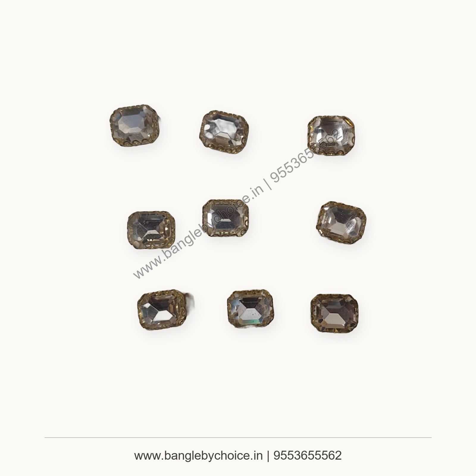 Crystal White 8 x 8 mm Square Clipstones premium product photo with Bangle By Choice watermark and phone number