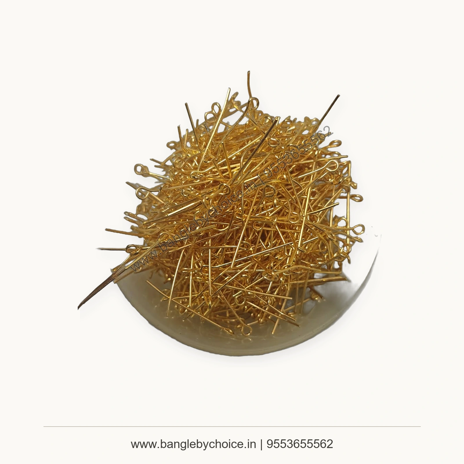 Gold Colour Eye Pins for Jewellery Making premium product photo with Bangle By Choice watermark and phone number