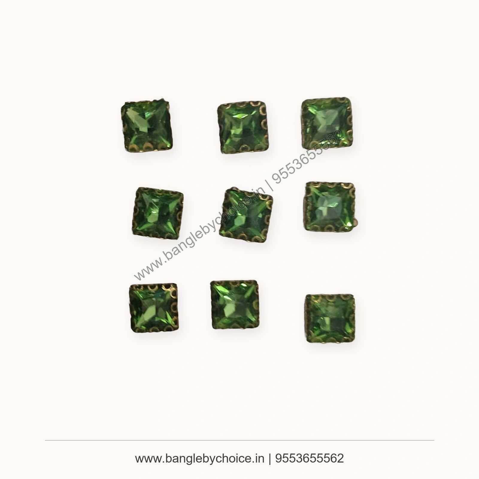 Grass Green 8 x 8 mm Square Clipstones premium product photo with Bangle By Choice watermark and phone number