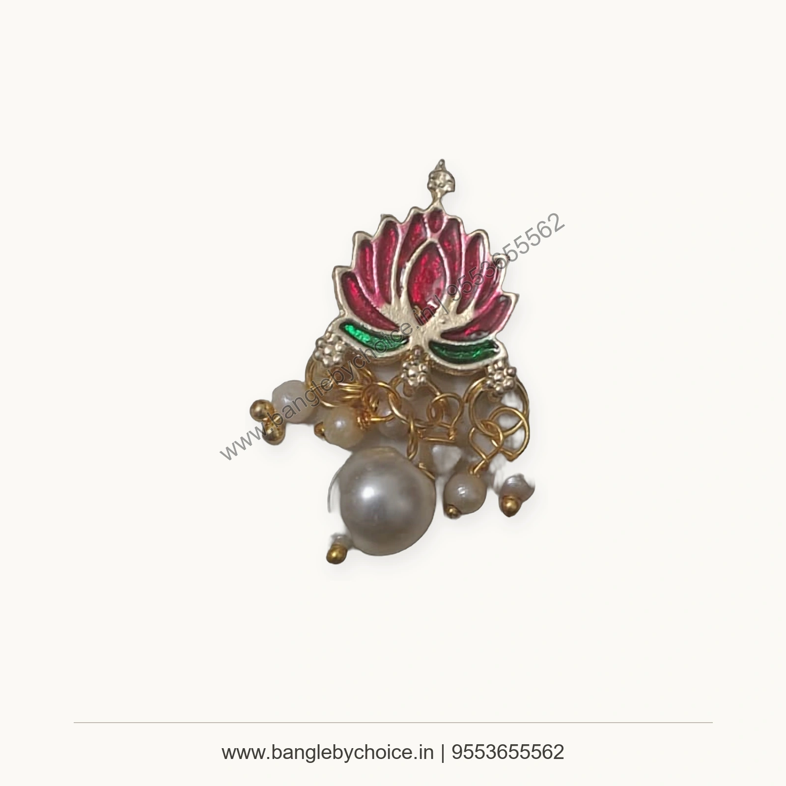 Pink Lotus Pearl Drop Enamel Charm premium product photo with Bangle By Choice watermark and phone number