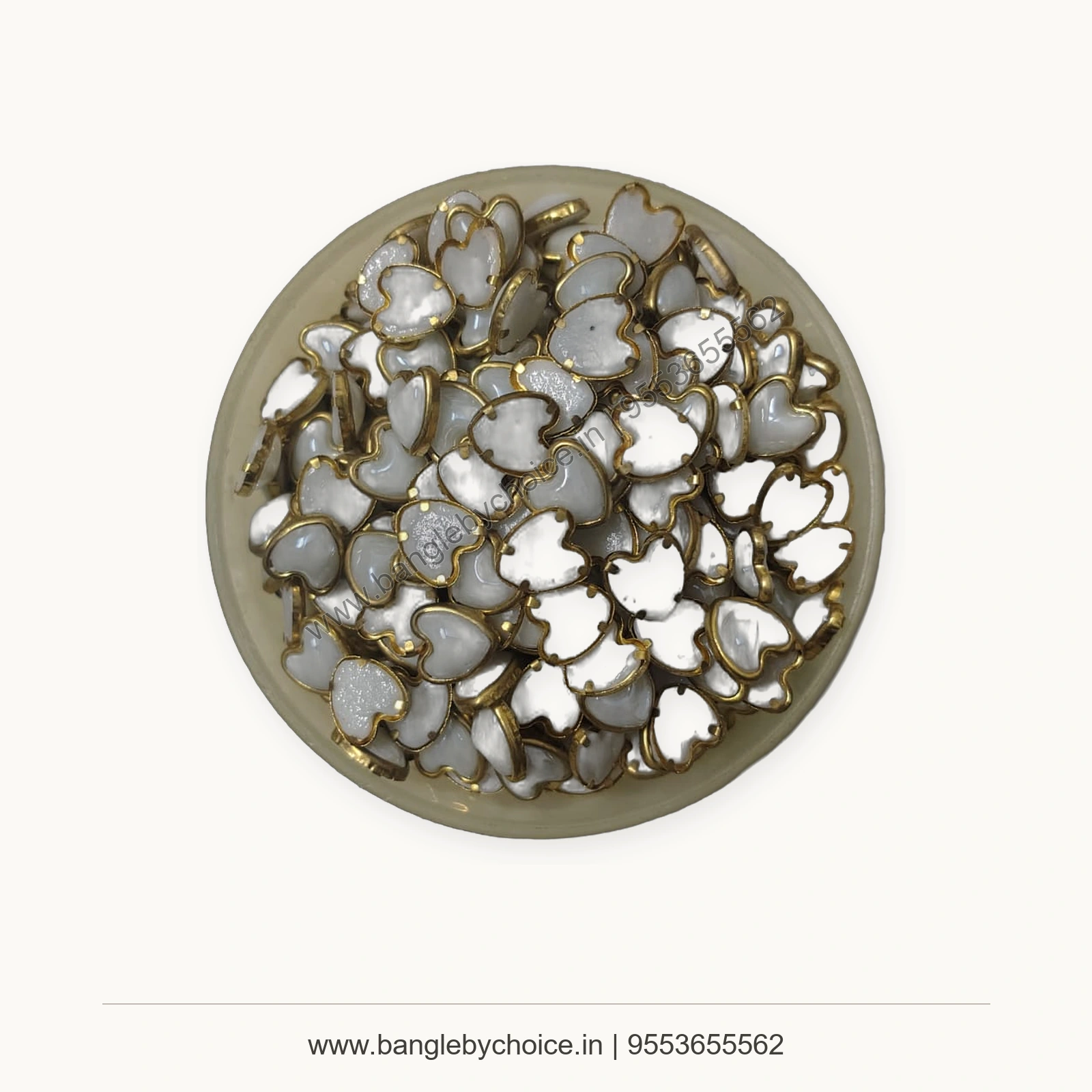 White Heart Shape Clipstones premium product photo with Bangle By Choice watermark and phone number