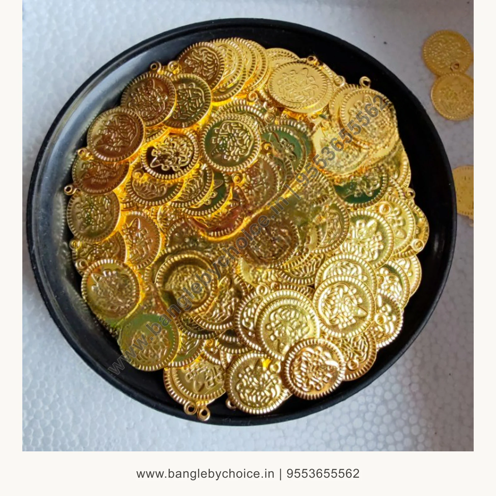 1cm size gold colour laxmi coins product image with transparent Bangle By Choice watermark